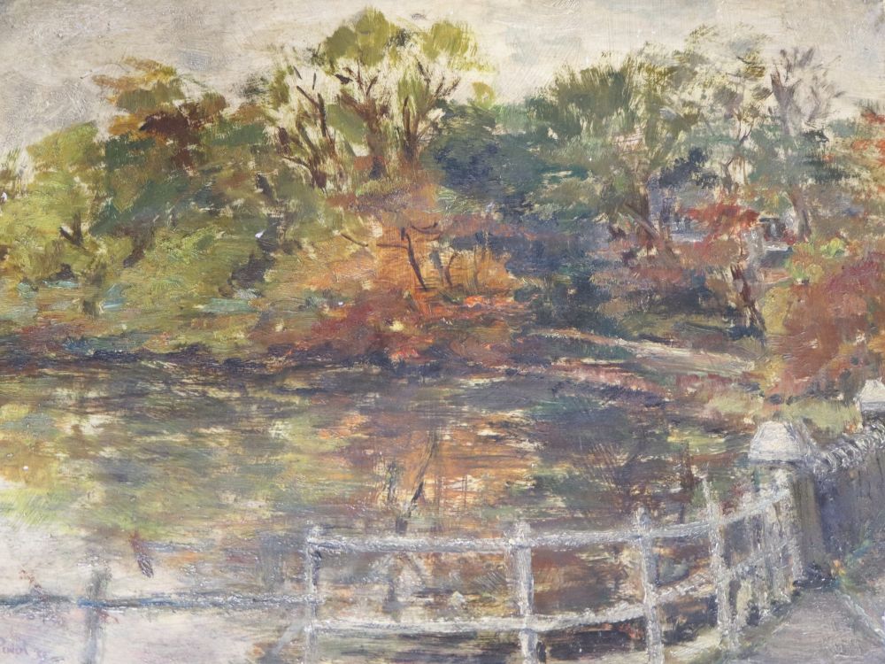 Albert Pinot (1875-1962), oil on board, Lake scene, signed and dated '58, 35 x 45cm, unframed